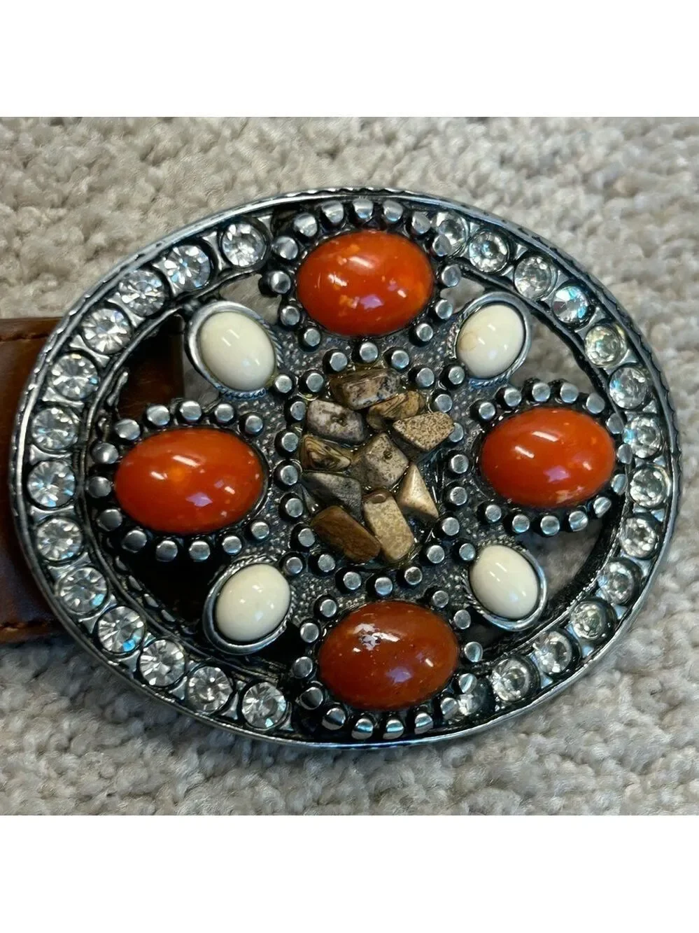 Olsen Europe camel brown orange stone crystal rhinestone buckle leather belt 8